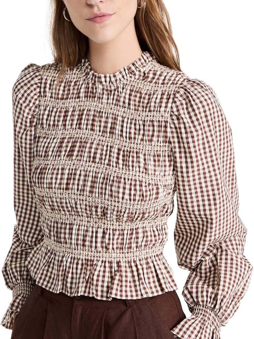 English Factory Smocked Gingham Long-Sleeve Top in Brown and Cream